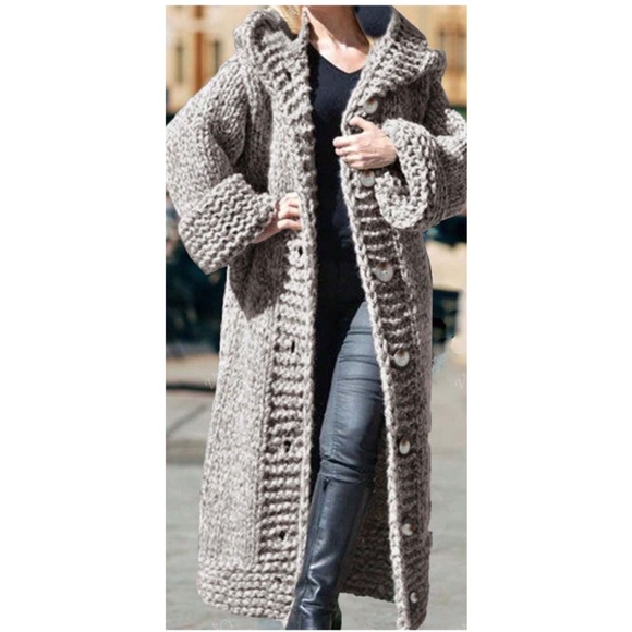 Cozy Grey Chunky Knit Button Down Hoodie Long Cardigan - Picture 1 of 6